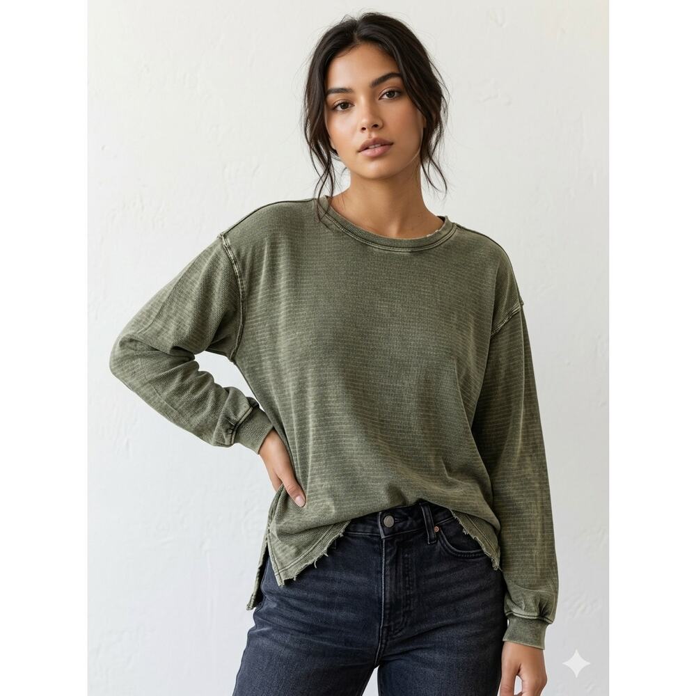 FP We The Free Boho Oversized Slouchy Drop Shoulder Ribbed Top Green Small